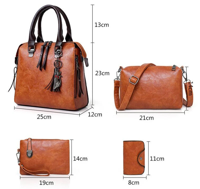 Bolso de borla compuesto para mujer Bolso de cuero de lujo Bolsos de mano de marcas famosas Diseñador Top-Handle Bolso de hombro femenino 4pcs/set.