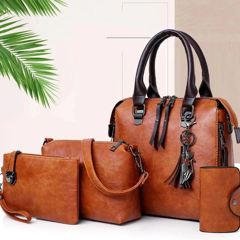 Bolso de borla compuesto para mujer Bolso de cuero de lujo Bolsos de mano de marcas famosas Diseñador Top-Handle Bolso de hombro femenino 4pcs/set.